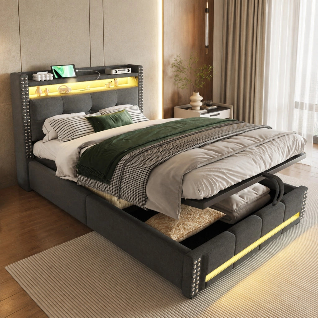Letto imbottito singolo 90x200 cm con LED, USB e contenitore idraulico, grigio