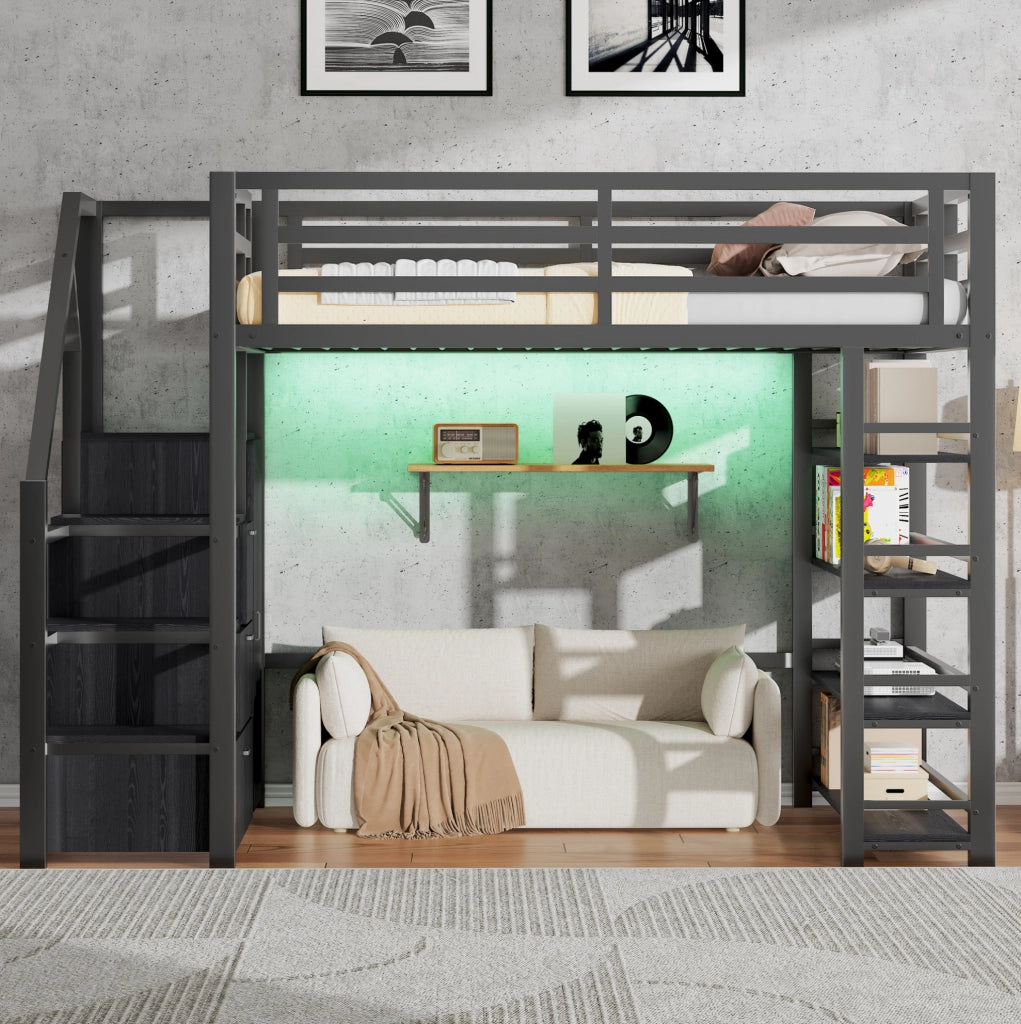 Letto a soppalco 140x200 cm con LED; libreria; armadio e scala contenitore; nero