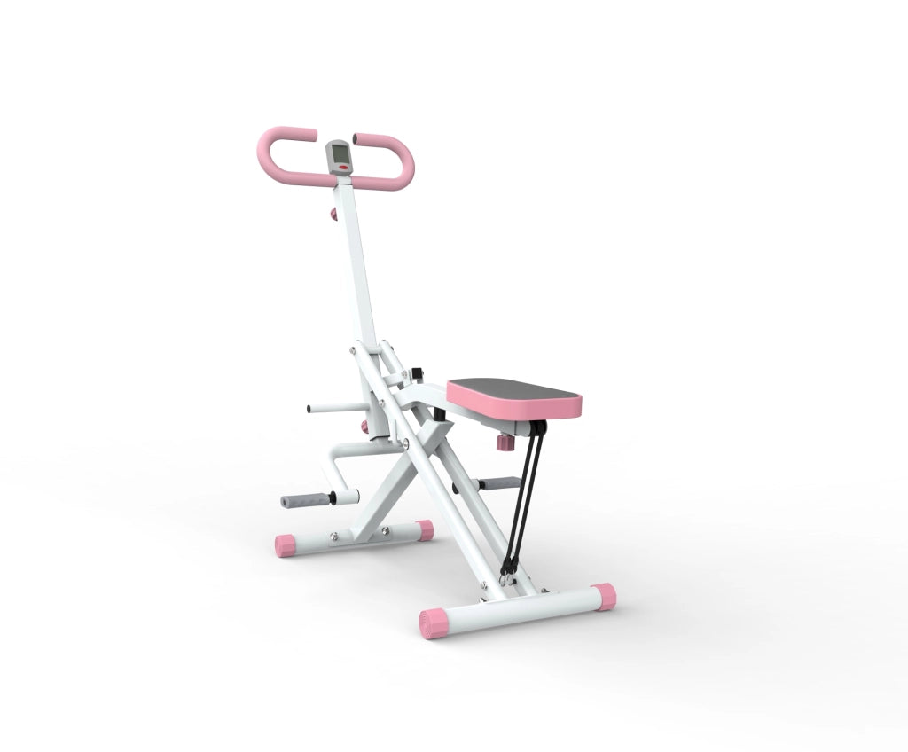Macchina per squat ULEVR con sedile regolabile, bande elastiche e display digitale, rosa