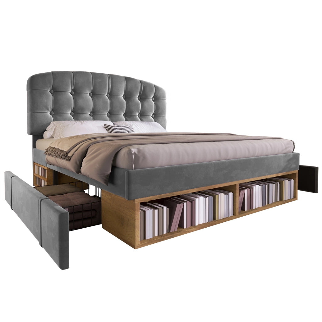 Letto imbottito 140x200 con cassetti grigio