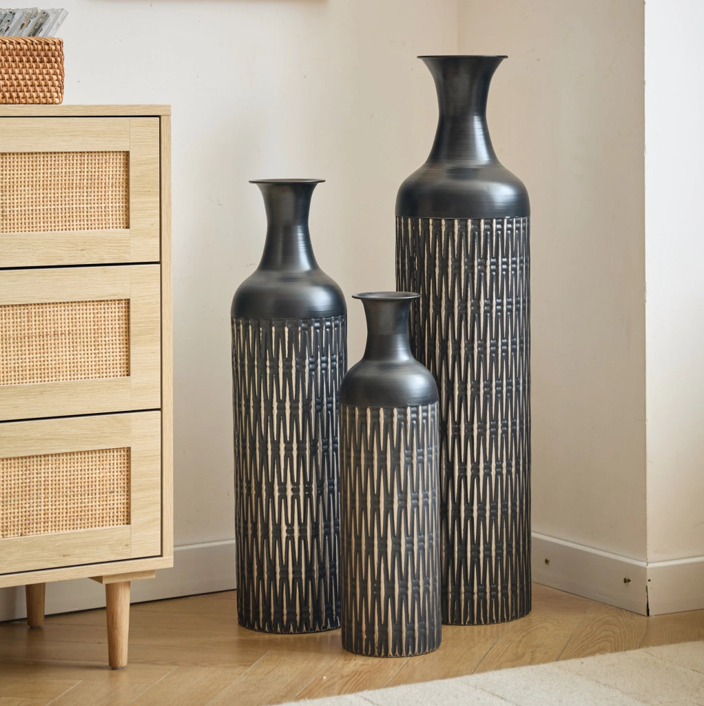 VASI DA TERRA Set da 3 pezzi 50/66/83 cm Metallo Nero
