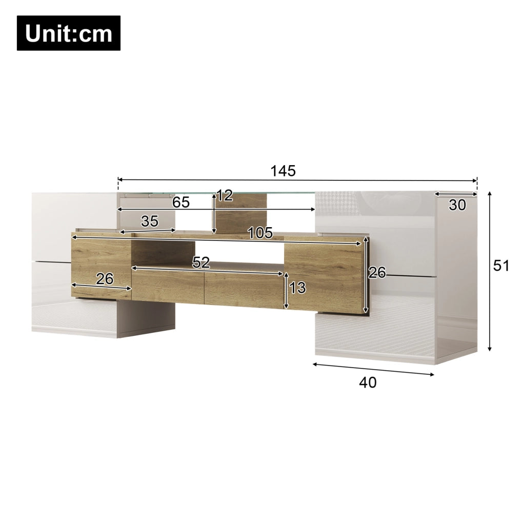 Mobile TV 145 cm con LED multicolore, 6 ante e 2 cassetti bianco e oro