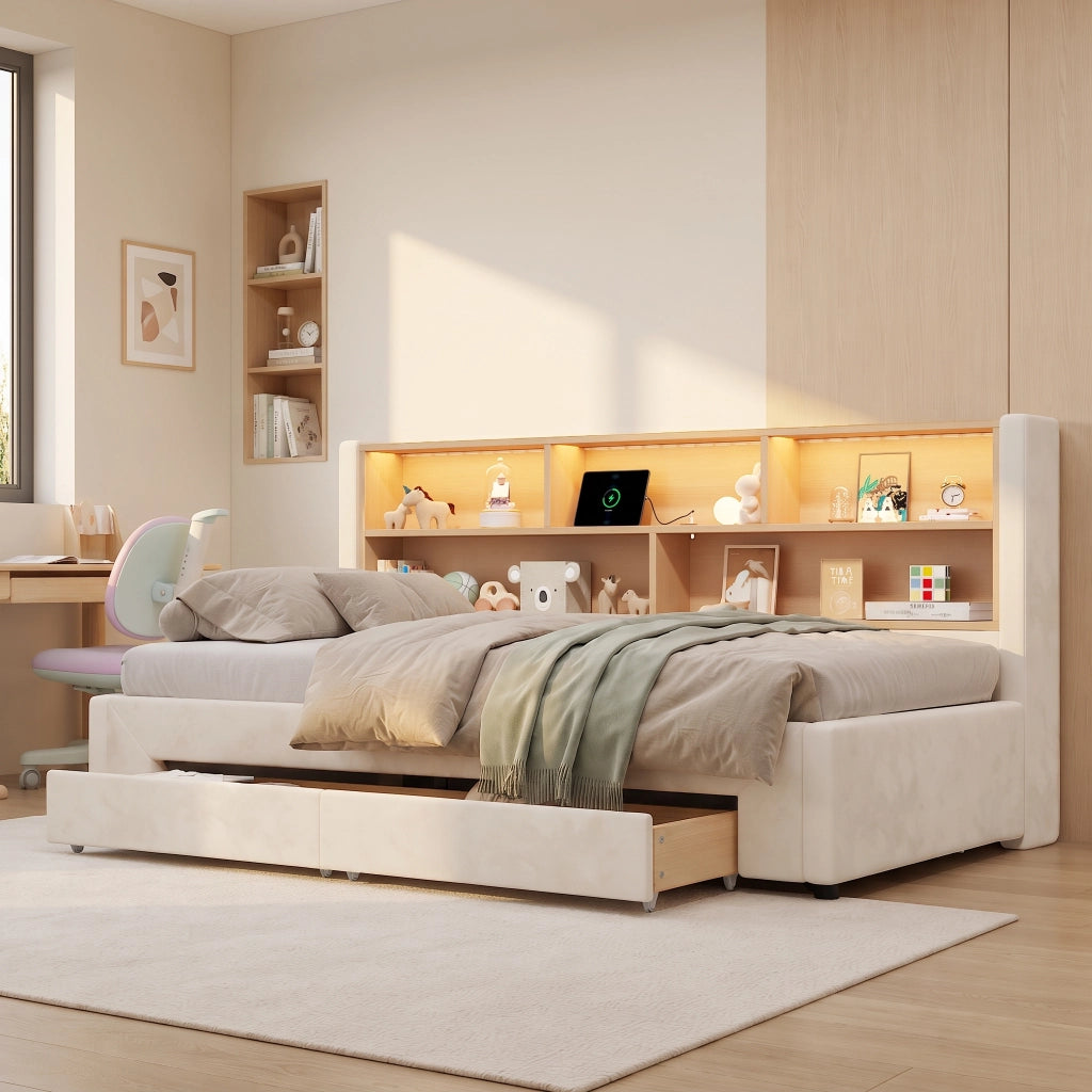Letto per bambini estraibile 90x200 cm con LED; USB e Type-C; 2 cassetti; velluto beige