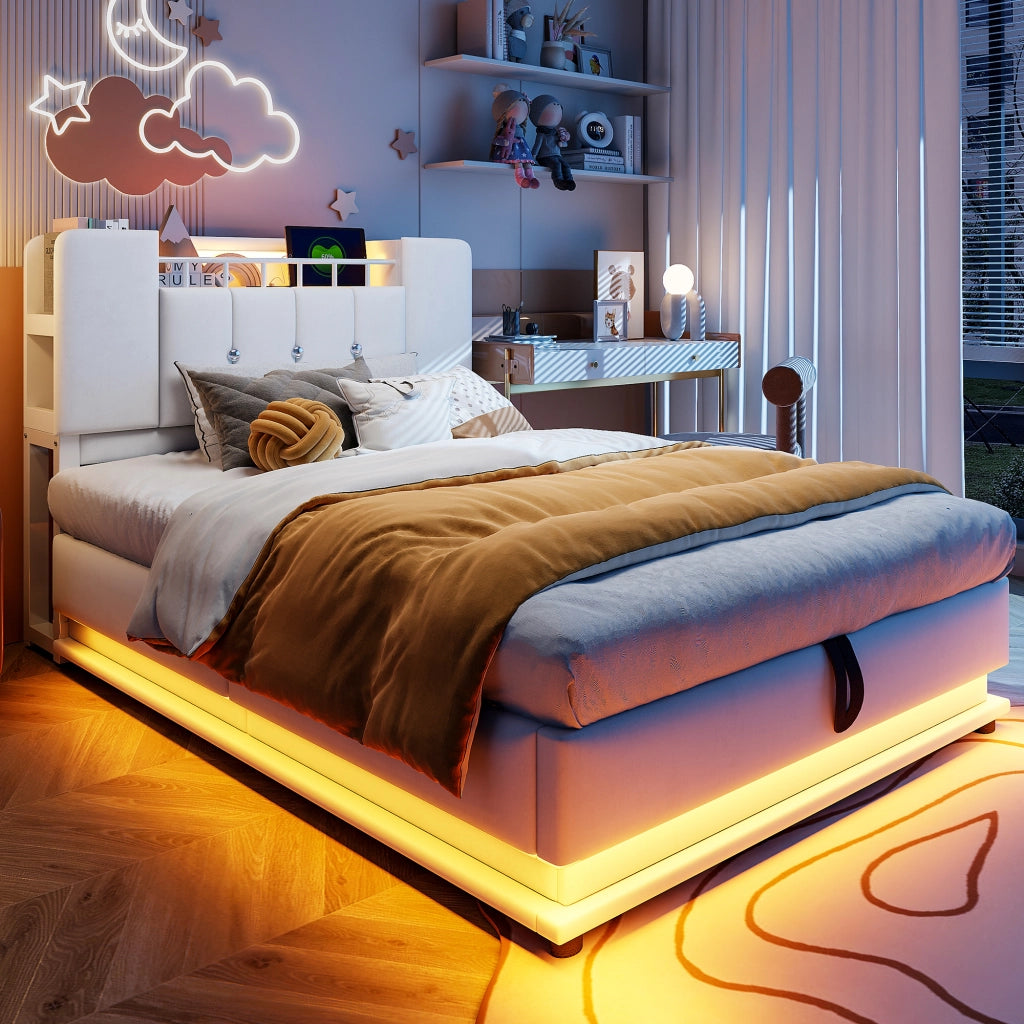 Letto imbottito per bambini 90x200 con LED e contenitore idraulico; velluto beige