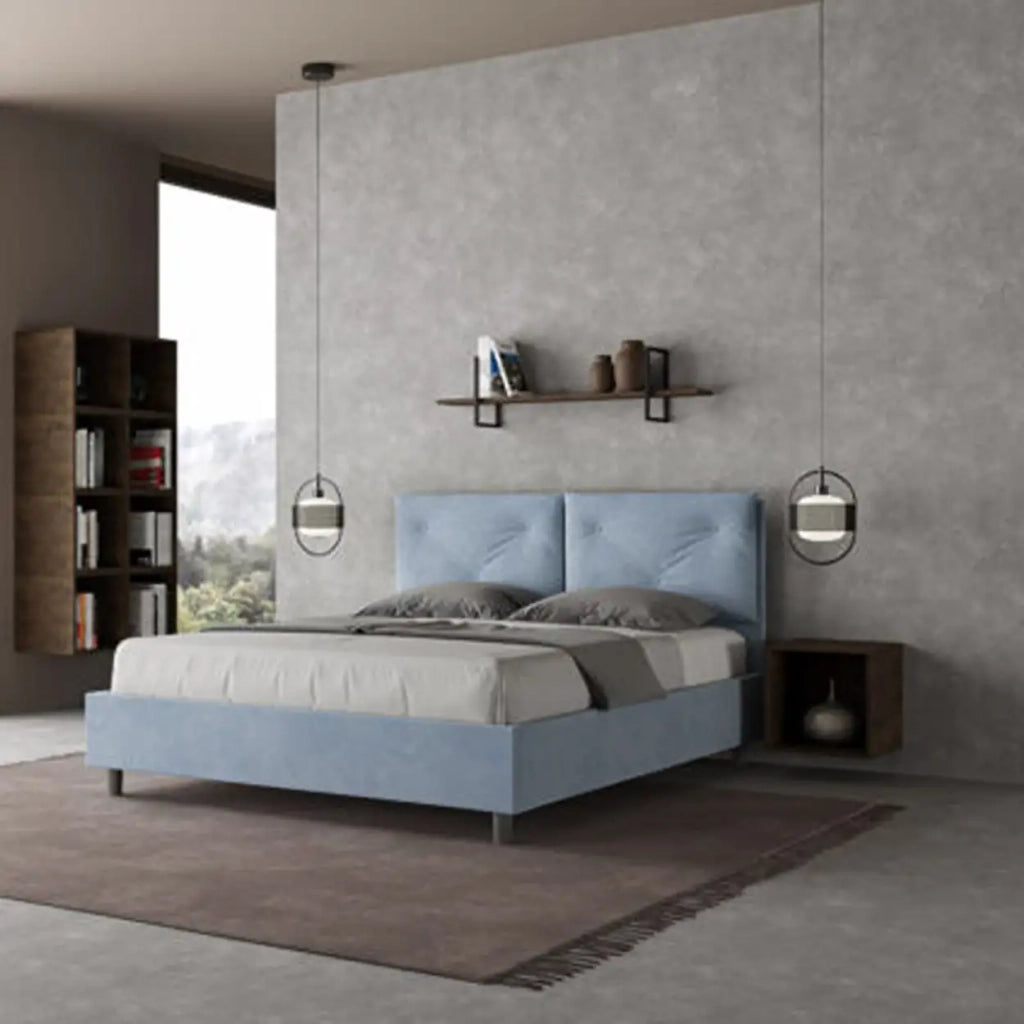 Letto matrimoniale con rete imbottito 160x190 microfibra azzurro Appia