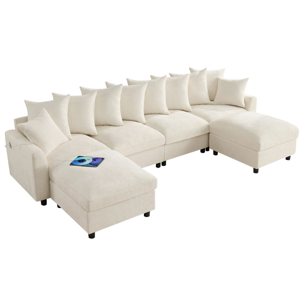 Divano angolare modulare 6 posti a U/L con 2 pouf, porte USB e Type-C, chenille beige