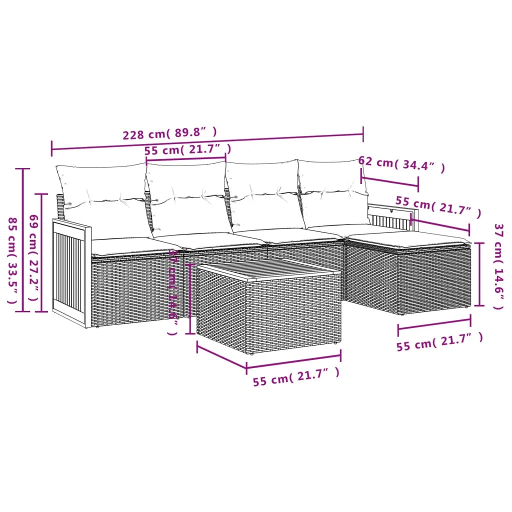 Set Divano da Giardino 6 pz con Cuscini Nero in Polyrattan 3227603