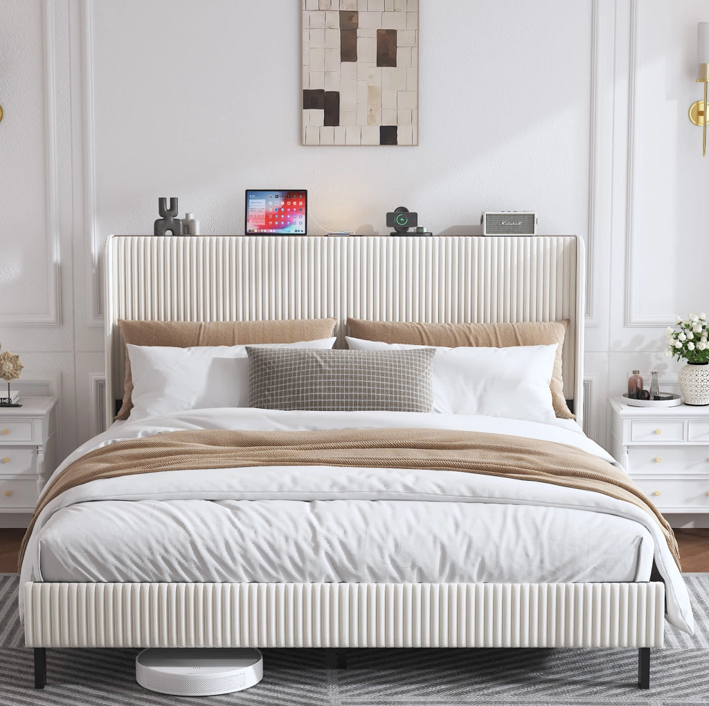 Letto matrimoniale 180x200 cm in velluto a coste beige e crema