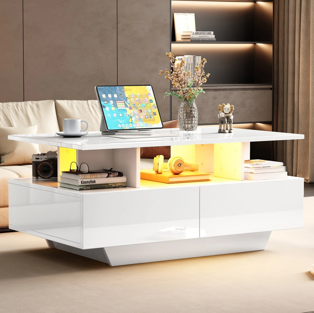 TAVOLINO DA CAFFÈ 90x55x41 cm Bianco lucido con LED e 2 cassetti