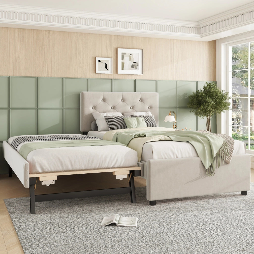 Letto imbottito 90x200 cm con letto estraibile beige