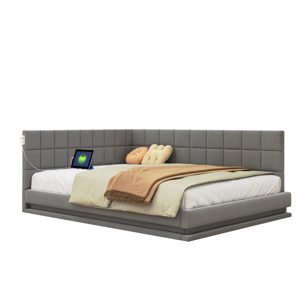 Divano letto 140x200 cm con LED multicolore e porta USB; rete a doghe; lino grigio