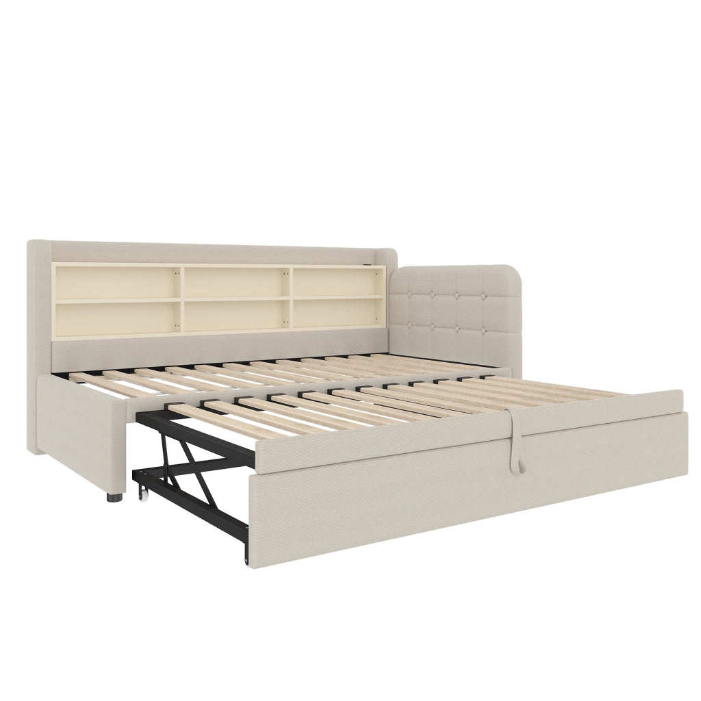 Letto singolo estraibile con USB e Type-C in lino beige con rete a doghe e ripiani integrati
