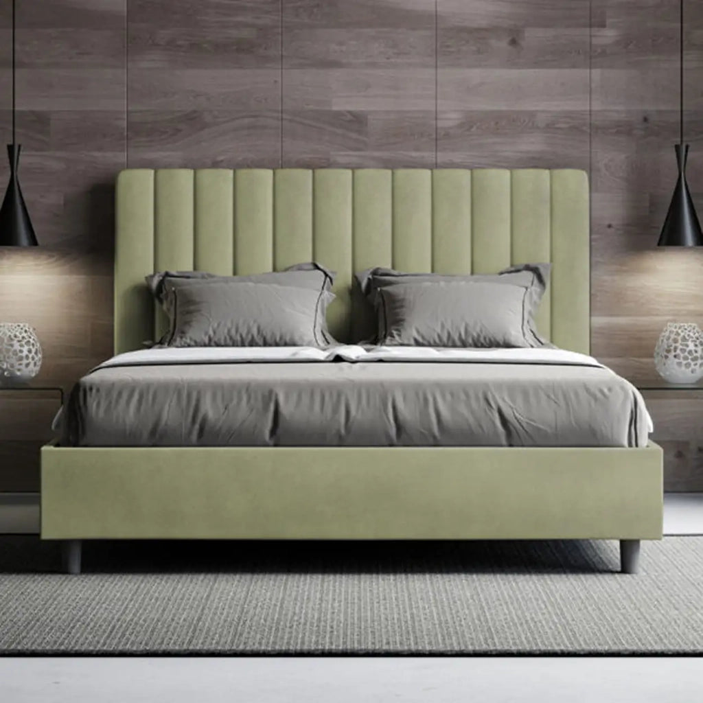 Letto matrimoniale francese con rete imbottito 140x190 microfibra tè verde Agueda