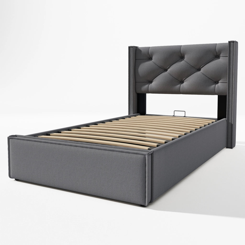 Letto singolo imbottito 90x200 con contenitore e rete sollevabile; cotone grigio