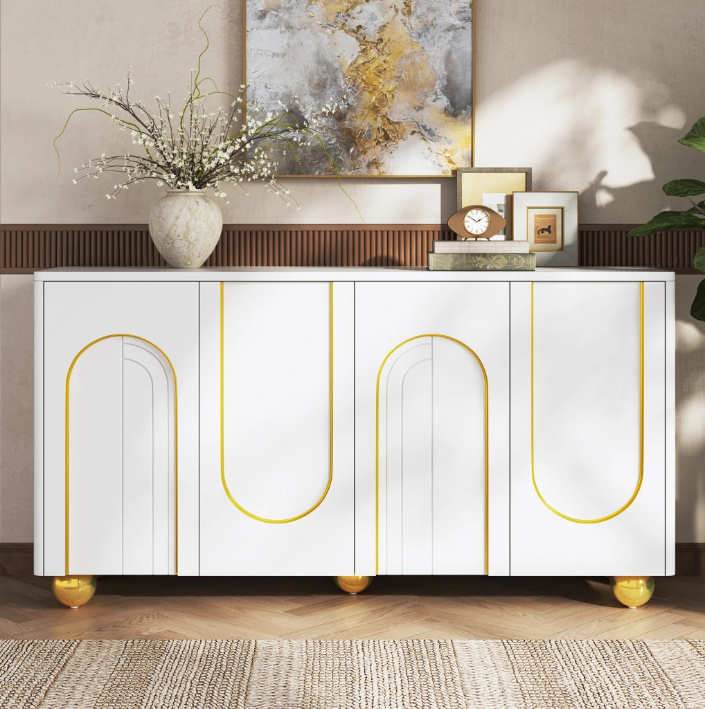 Credenza ULEVR 140x40x74 cm con 4 ante, ripiani interni e decoro ad arco dorato, bianca