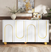 Credenza ULEVR 140x40x74 cm con 4 ante, ripiani interni e decoro ad arco dorato, bianca