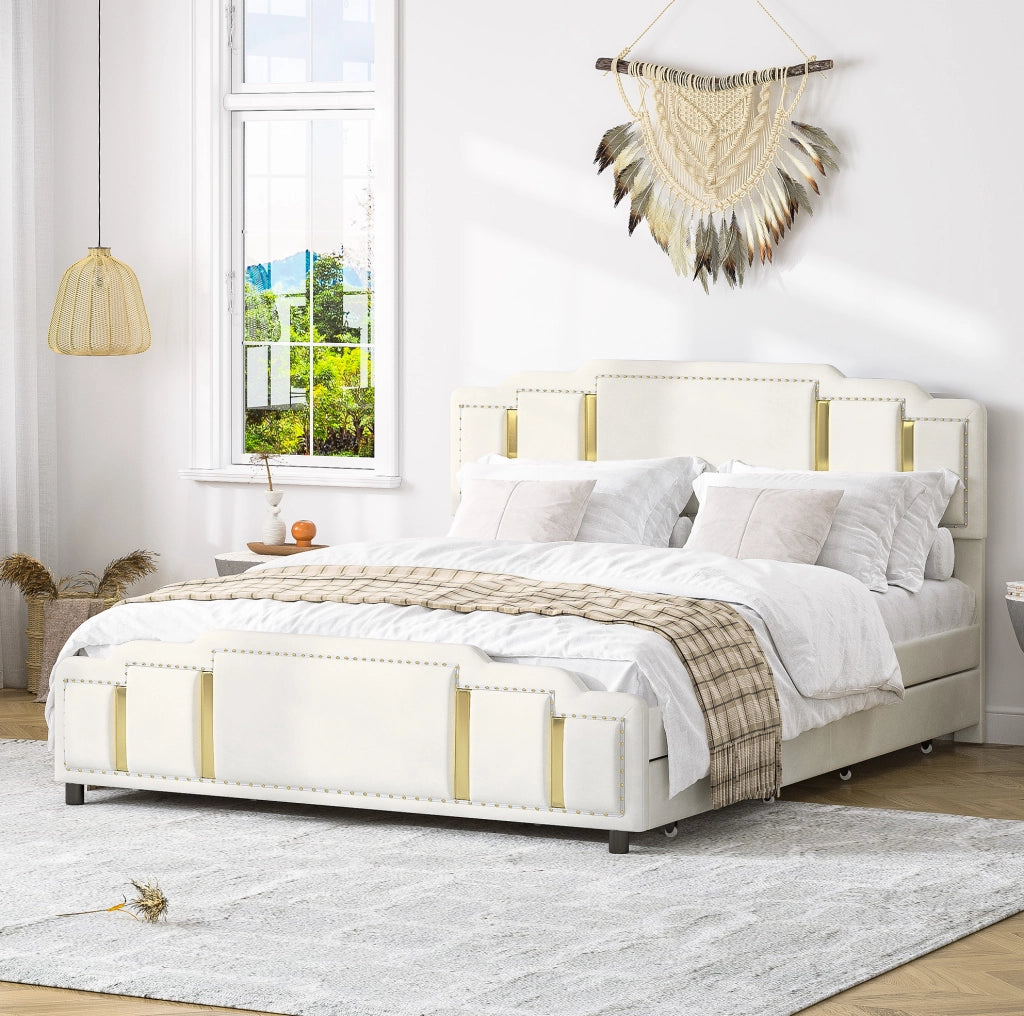 Letto matrimoniale 140x200 cm in velluto beige con LED e cassetti