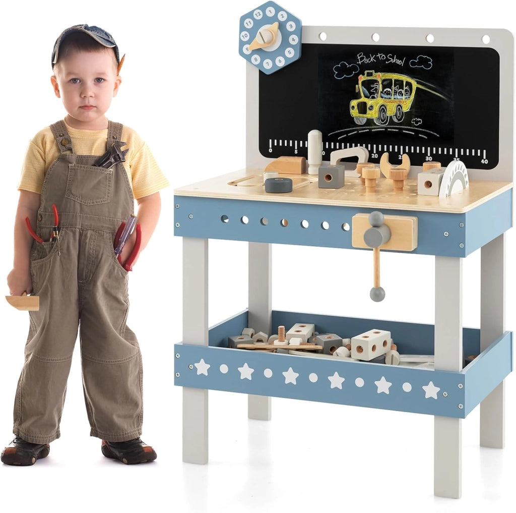 Set Banco da Lavoro per Bambini, Tavolo da Lavoro per Bambini in Legno con 61 Attrezzi e Parti, Giochi Costruzione Educativi, per Bambini 3-5 Anni