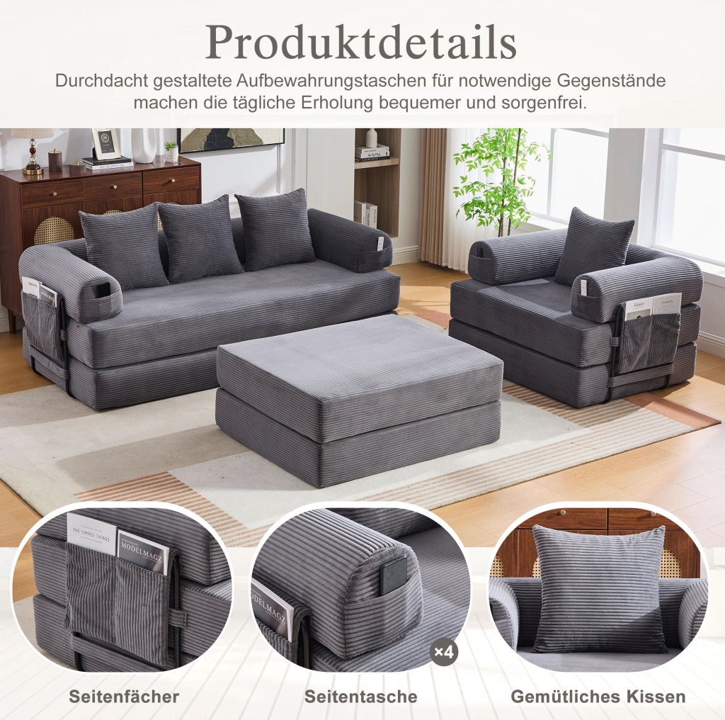 DIVANO Modulare in velluto a coste grigio scuro con pouf e 3 cuscini