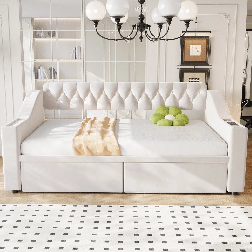 Divano letto imbottito 90x190 cm in velluto beige con USB; Type-C e 2 cassetti