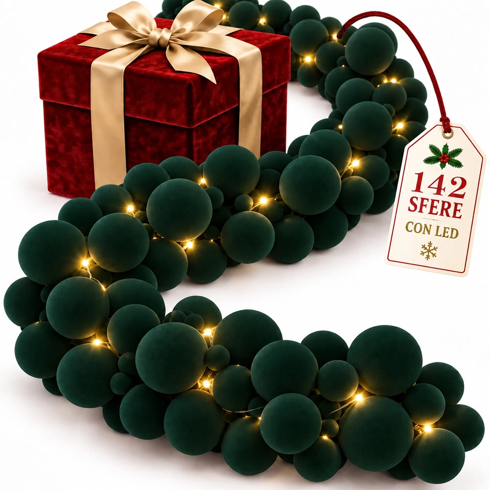 Ghirlanda Natalizia Festone 180cm 142 Sfere Led Addobbo di Natale Velluto Verde
