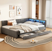 Letto 140x200 cm con LED; USB+Type C e cassetti in lino grigio