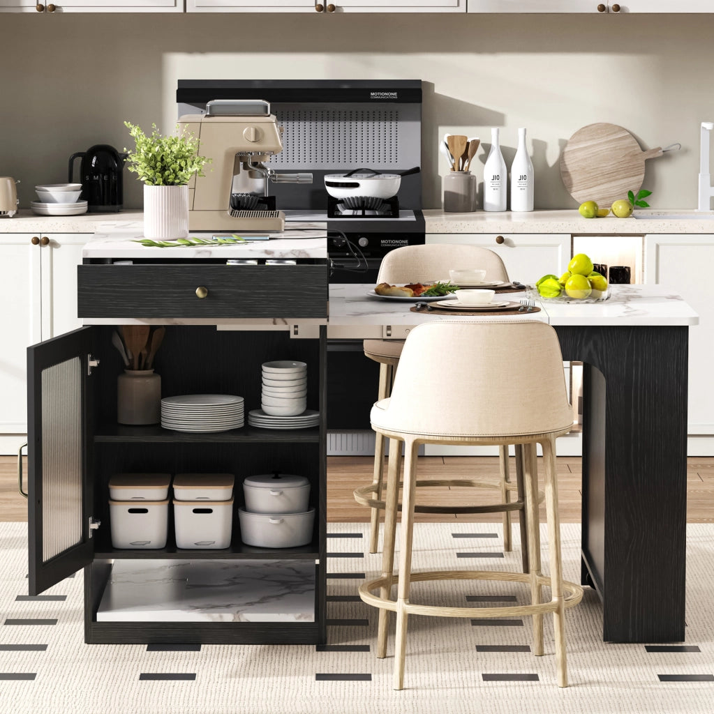 Tavolo da cucina estensibile con prese e ruote, bianco e nero