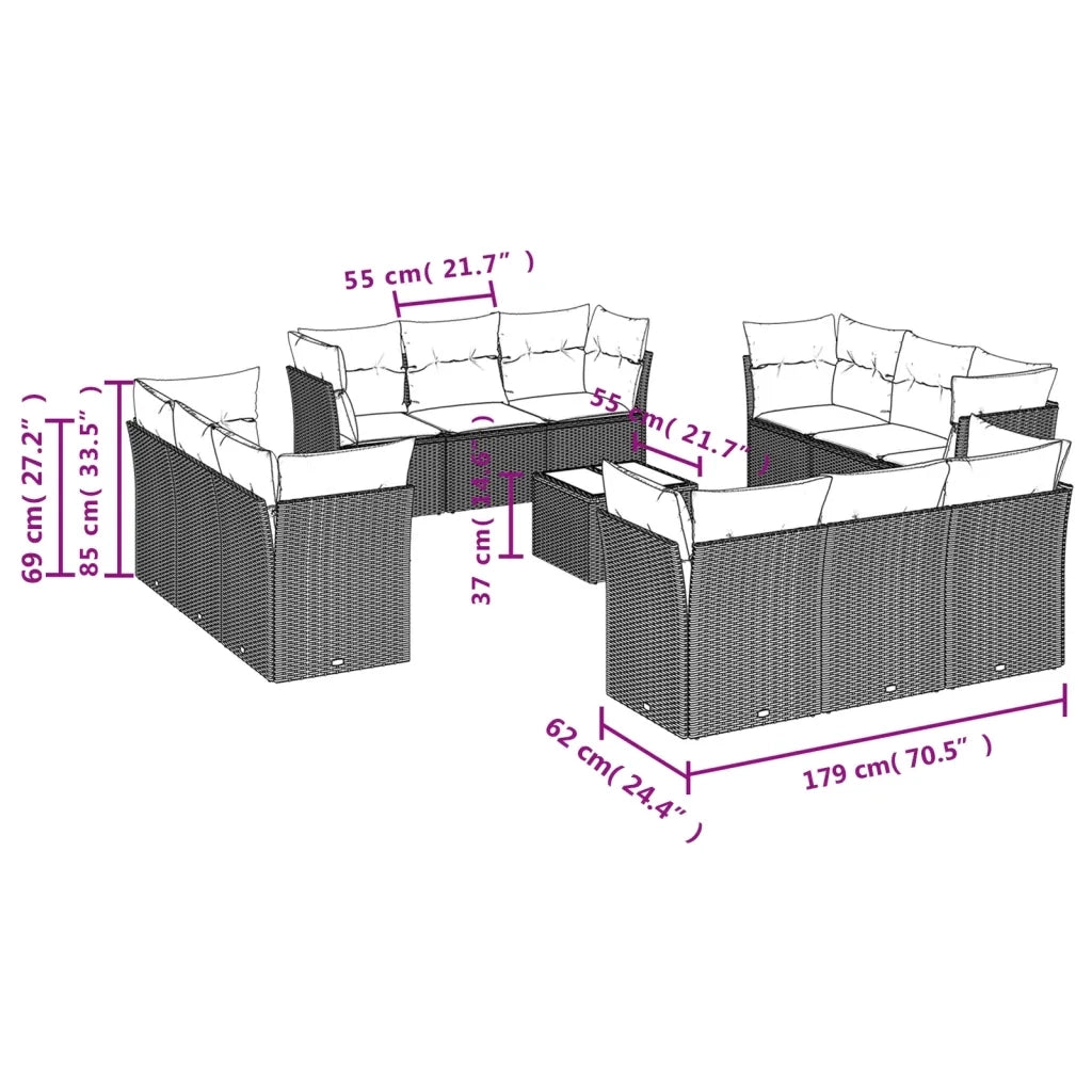 Set Divani da Giardino 13pz con Cuscini Nero in Polyrattan