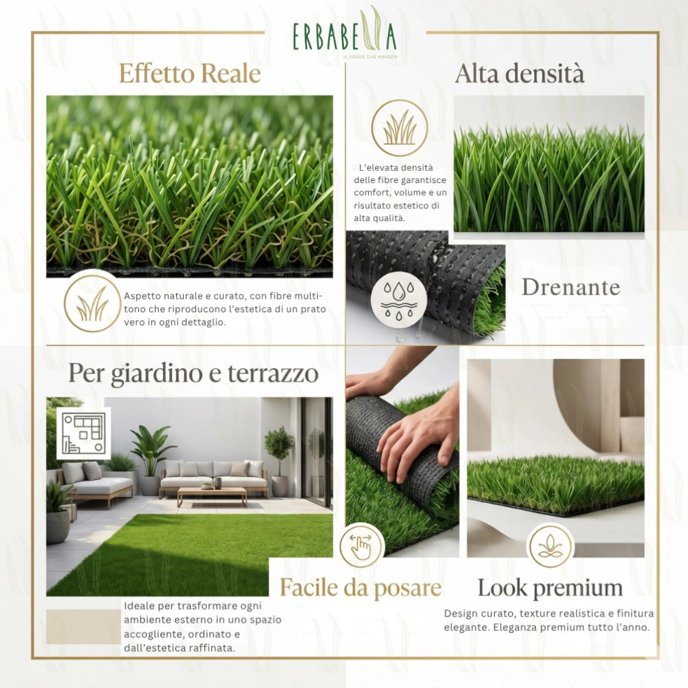 Erbabella rotolo prato erba sintetica 45 mm drenante effetto reale giardino e terrazzo *** misura 2 x 10 m, confezione 1