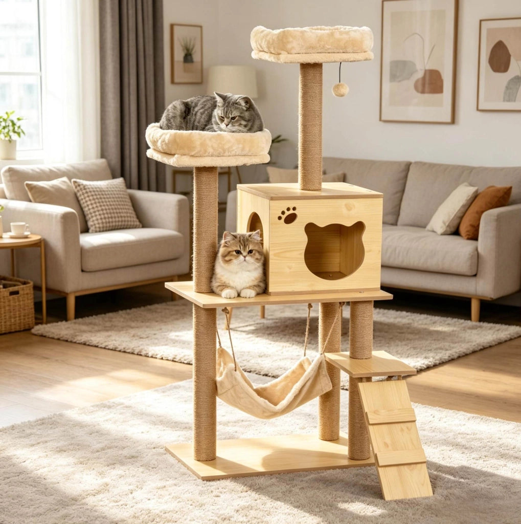 Tiragraffi per Gatti Multilivello con Amaca e Cuccia 60 x 40 x 130 cm Beige e Marrone per Interni