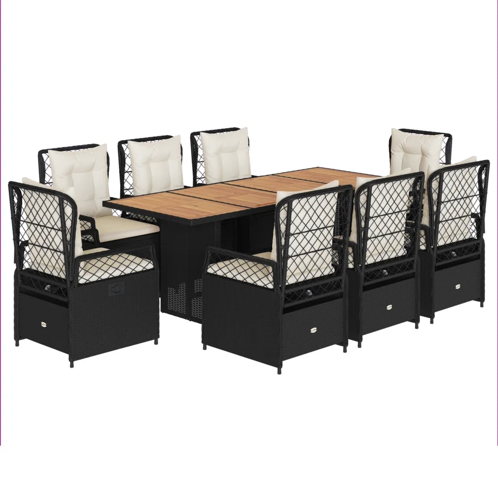 Set da Pranzo da Giardino 9 pz con Cuscini Nero in Polyrattan 3262925