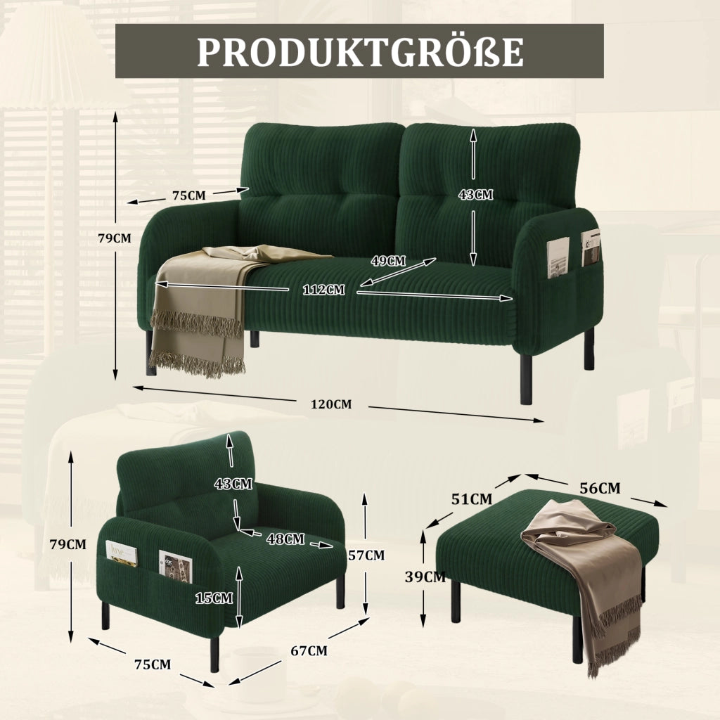 DIVANO Set da 3 pezzi 2 posti, poltrona e pouf in cord verde smeraldo