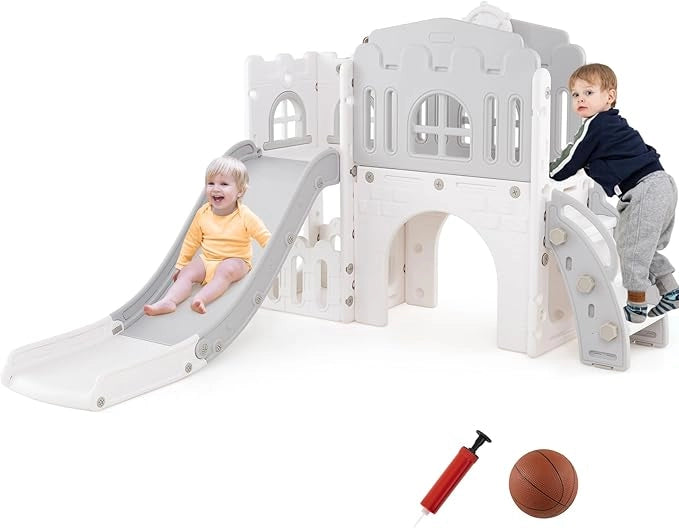 Scivolo per Bambini 9 in 1, Set da Gioco con Canestro da Basket, Telescopio, Volante, Corridoio, Tunnel e Spazio di Archiviazione, Scivolo da Interno ed Esterno per 1+ Anni (Grigio+Bianco)