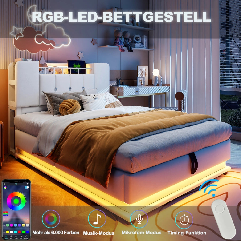Letto imbottito per bambini 90x200 cm con LED, USB e contenitore idraulico, beige