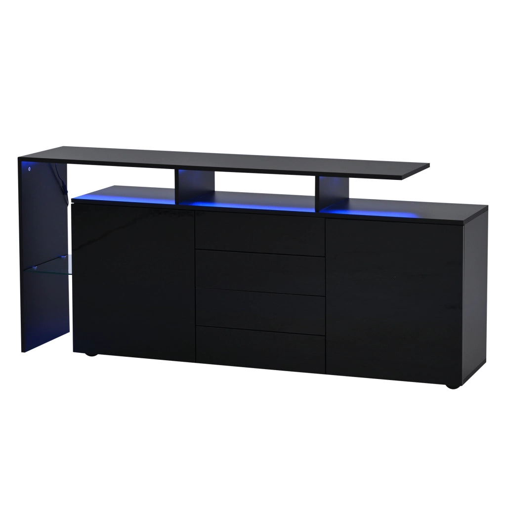 Sideboard con LED e USB 160 cm; 4 cassetti; 2 ante; in truciolare nero
