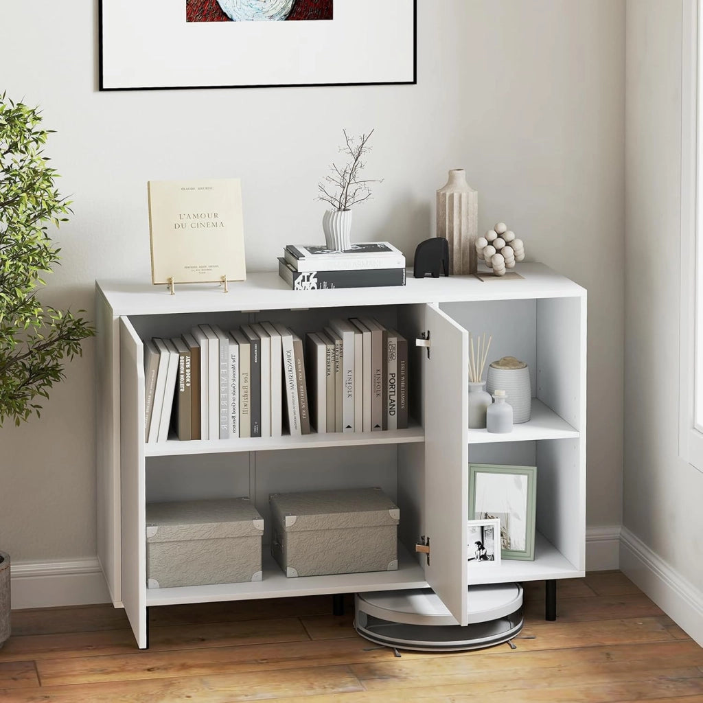 Buffet cucina credenza  2 ante 2 scomparti aperti-Armadio da Cucina Buffet consolle sala pranzo ripiani regolabili gambe metallo 106x38x80cm Bianco