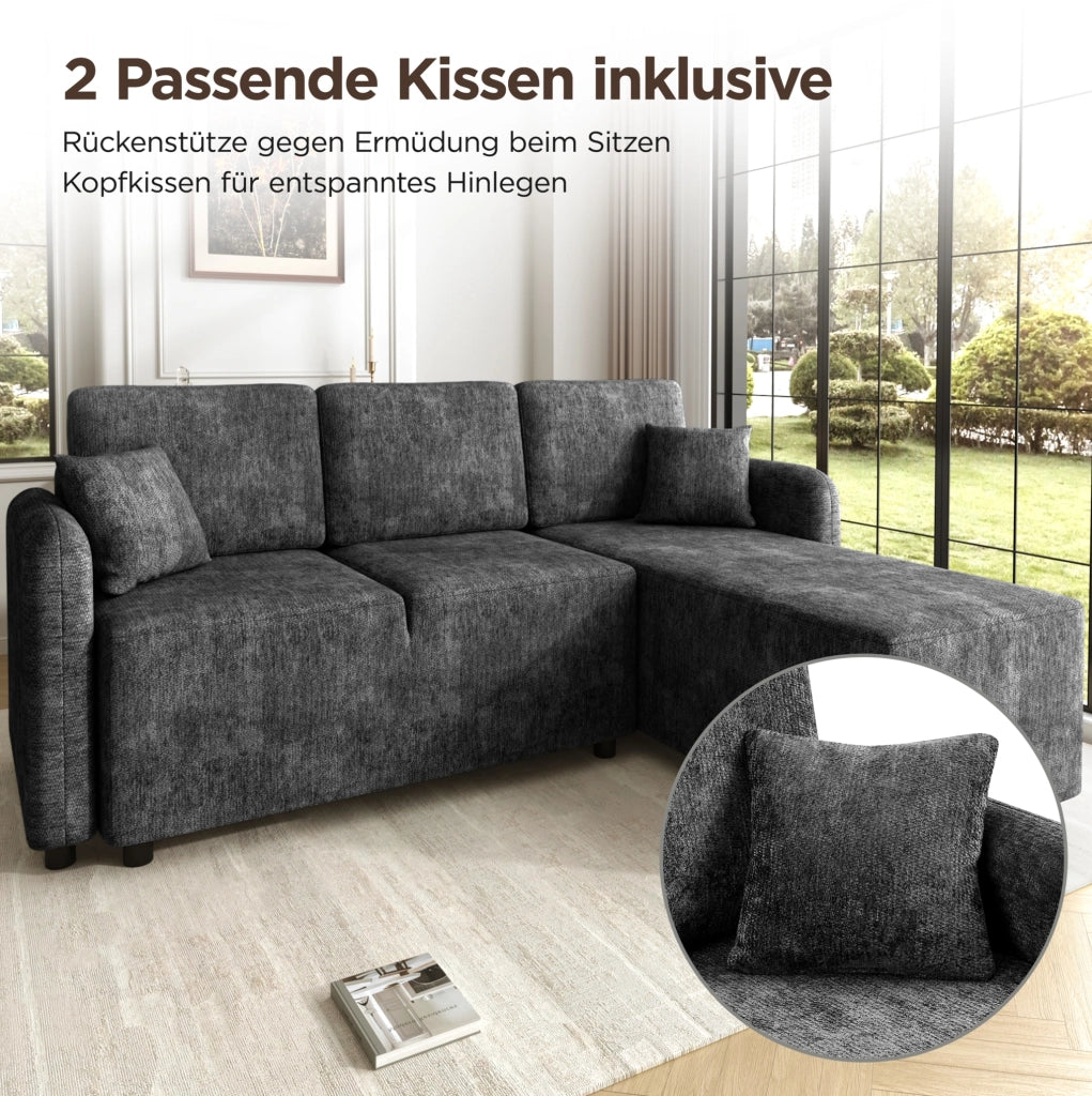 DIVANO 3 POSTI L con zona relax, Chenille nero, 2 cuscini inclusi