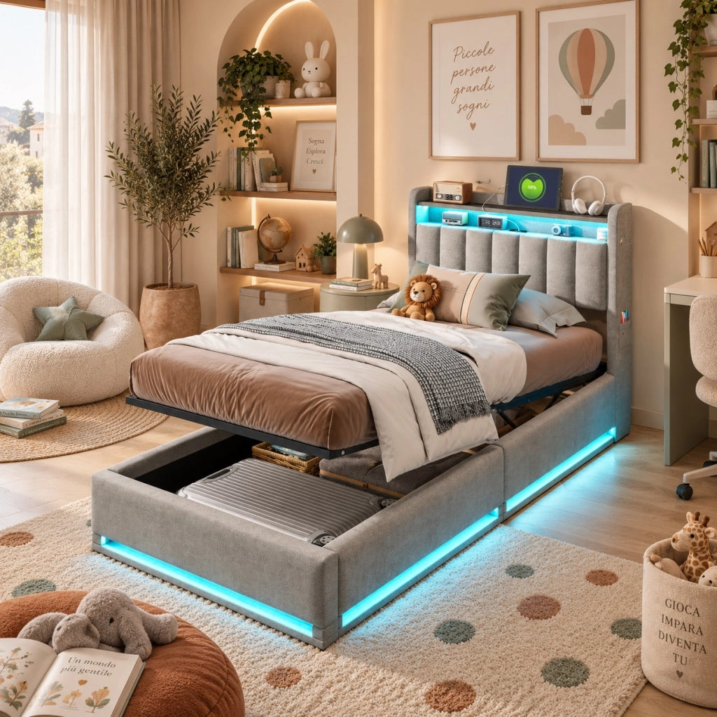 Letto Singolo Imbottito 90x200cm;Letto idraulico con Spazio;Letto Baule con Contenitore Letto Imbottito con LED USB Velluto grigio;Senza Materasso