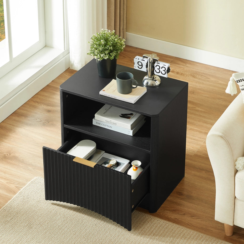 Comodino con 1 cassetto e vano aperto, per camera da letto, 58×38×60 cm, nero