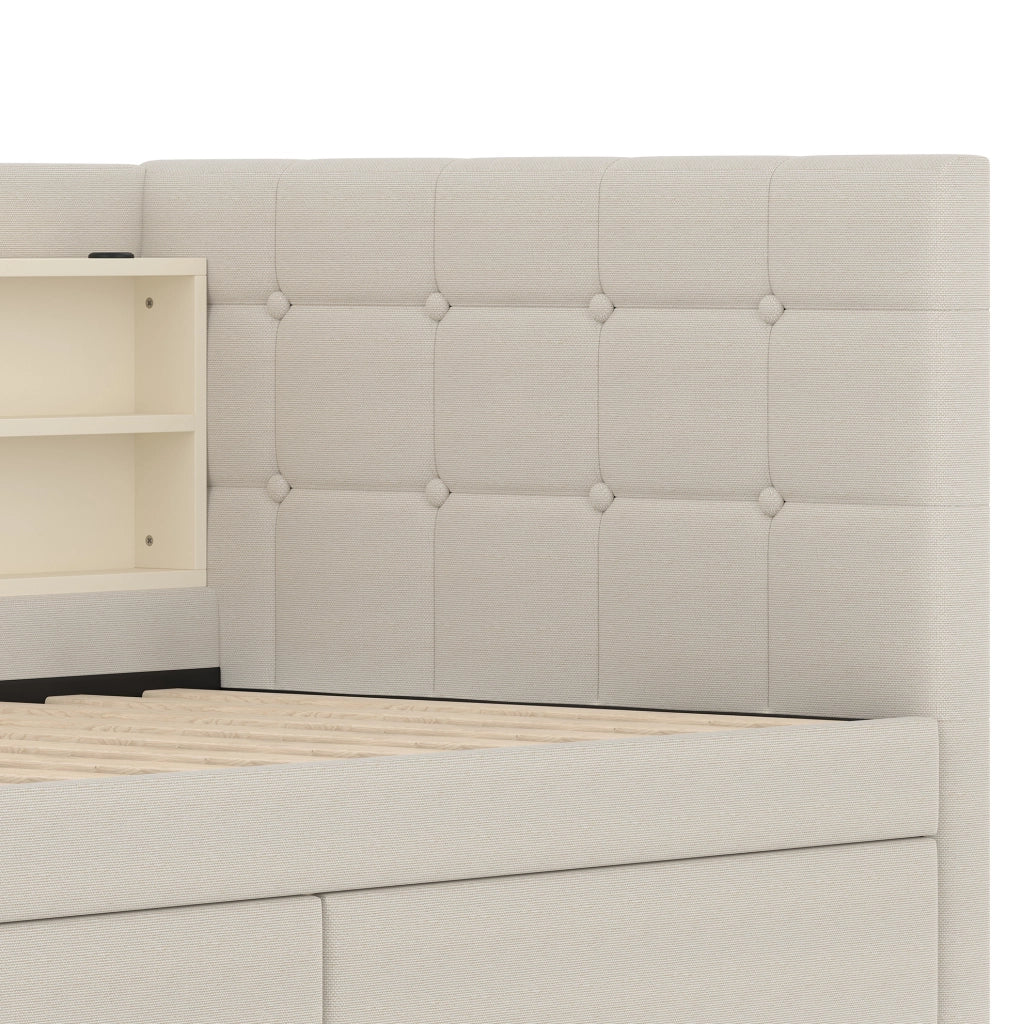 Letto singolo 90 x 200 cm con 2 cassetti; USB e Type-C; in lino beige