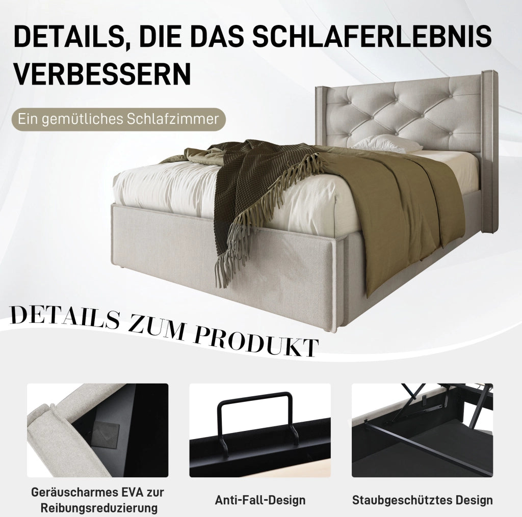 Letto singolo imbottito 90x200 cm con contenitore e rete sollevabile, grigio chiaro
