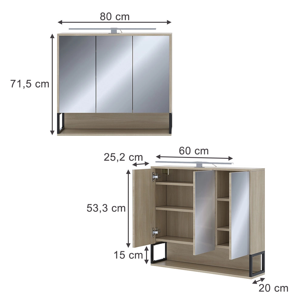 Vicco Mobile a specchio per il bagno Quercia/nero 80 x 71.5 cm con luce LED