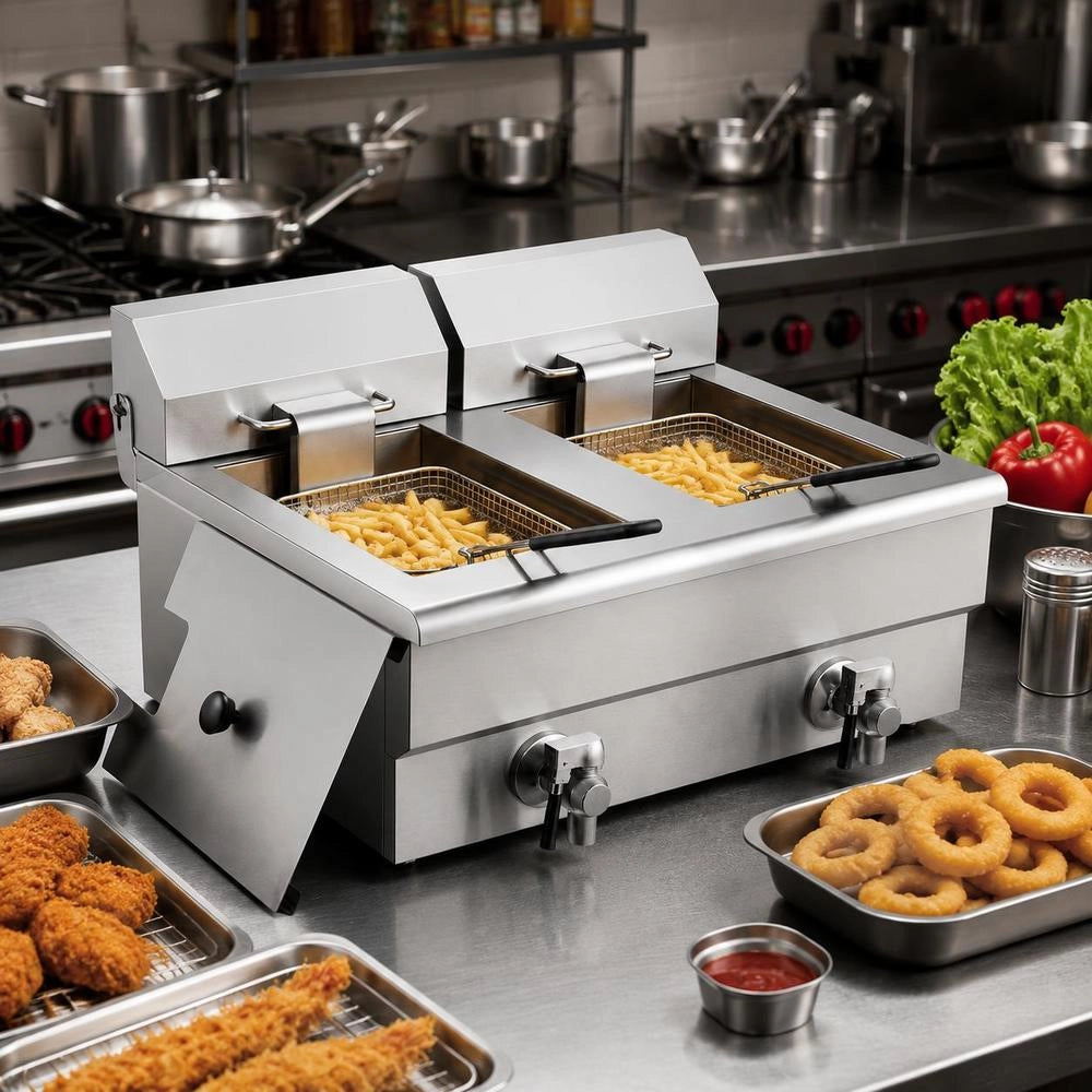 Commercial Fryer, Electric 3 KW Table Fryer With Double Tank & Basket, 2 X 11 L Double Oil Fryer Made Of Stainless Steel, Time And Temperature Control, For Kitchens And Restaurants