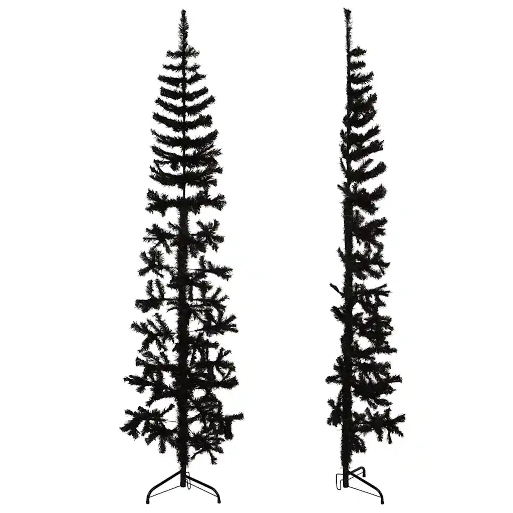 Albero Natale Artificiale Sottile a Met¨¤ e Supporto-Albero Natalizio Nero 210 cm
