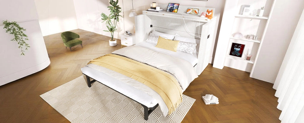 Letto a scomparsa mobile 140x200 cm beige con USB e cassetto