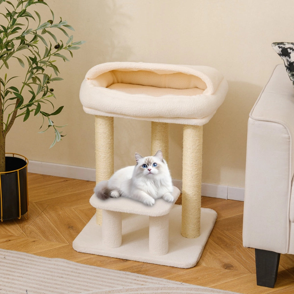 Torre per gattini con letto in peluche pali tiragraffi in sisal piattaforma per salto, Albero per gatti piccolo da interno Bianco-Alberi Tiragraffi