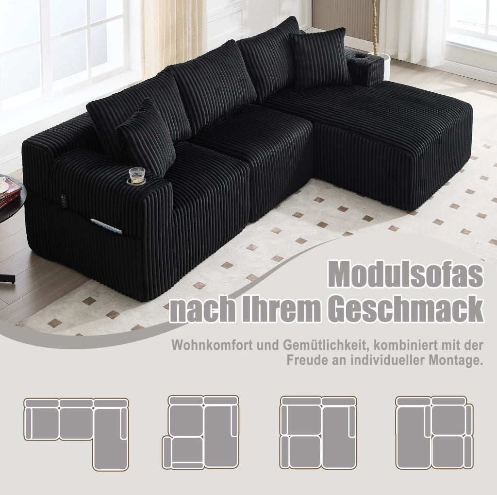 DIVANO modulare con chaise longue e 2 posti 257x90-160x62 cm nero