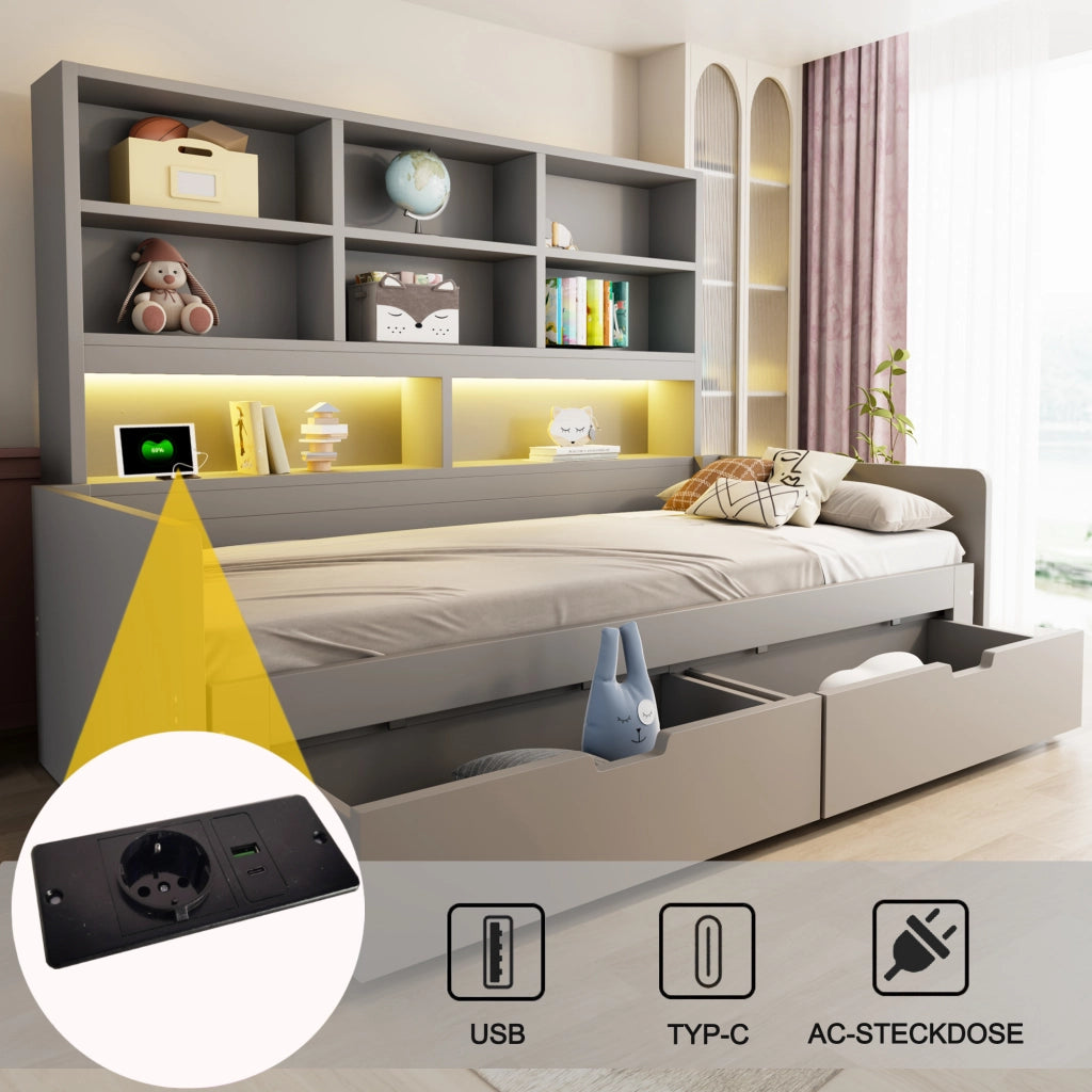 Letto estraibile trasformabile con LED prese ripiani e cassetti in MDF grigio