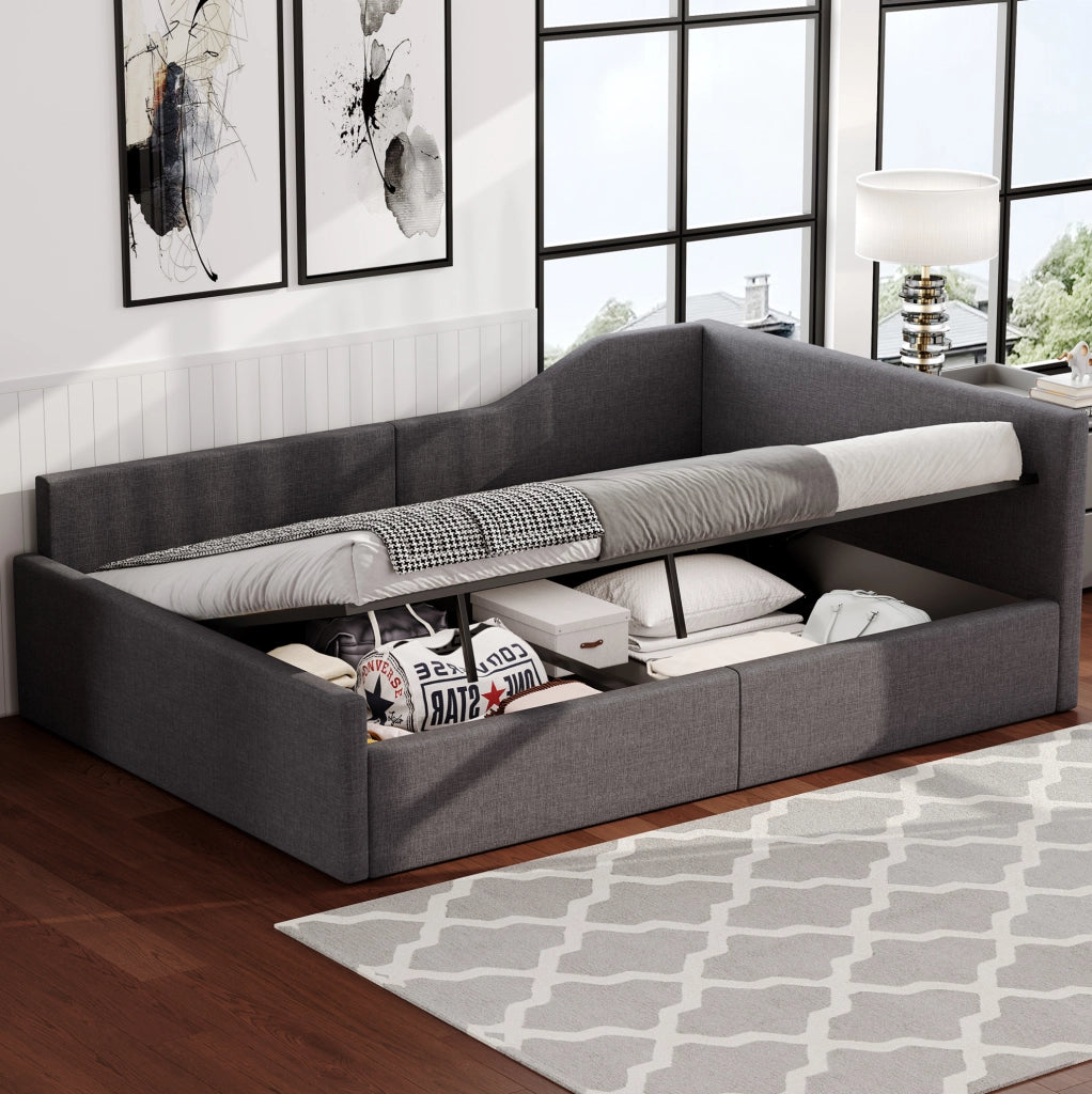 Divano letto con contenitore 140x200 cm in lino grigio; struttura imbottita moderna