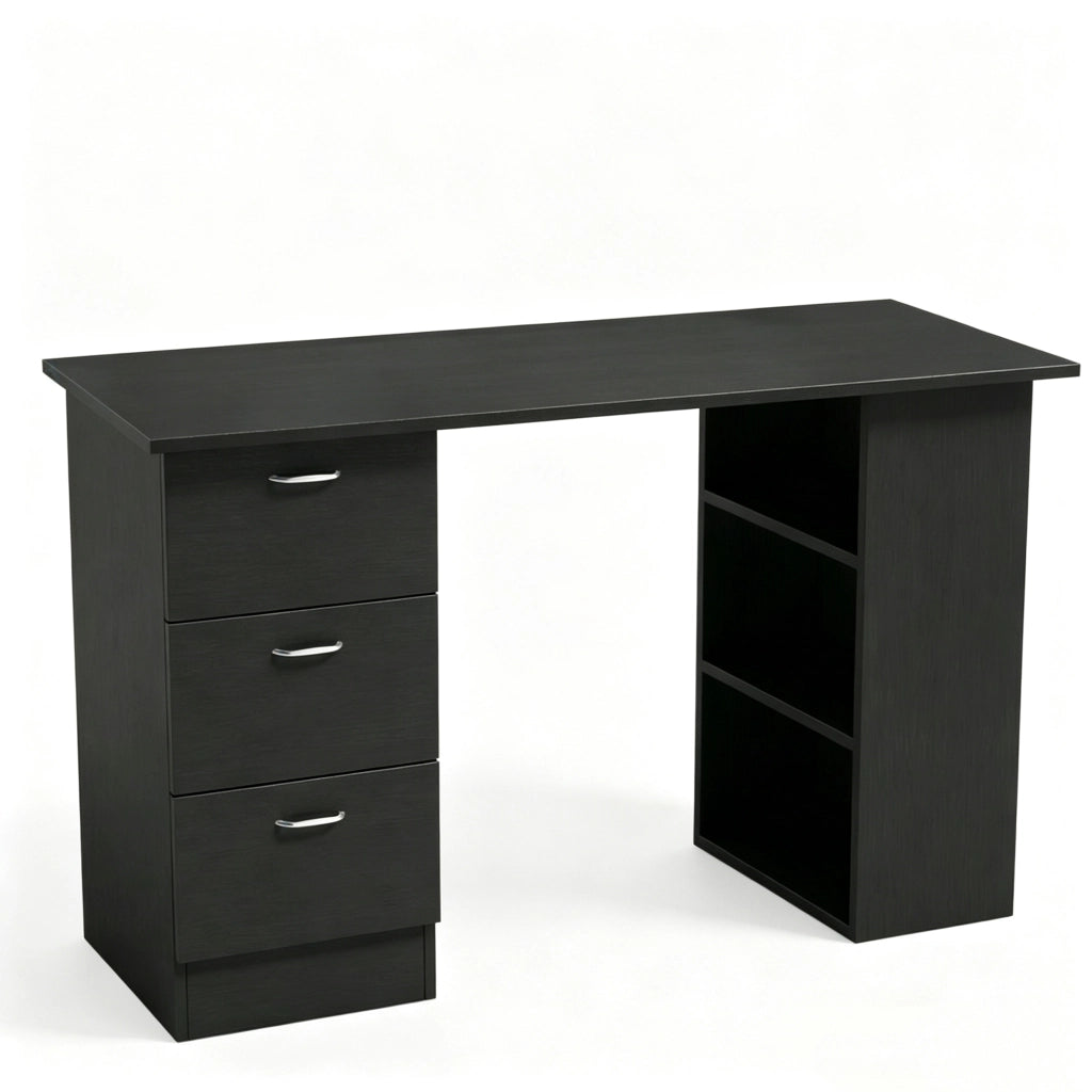 Scrivania per computer in MDF nero 120x49x72 cm con 3 ripiani e 3 cassetti